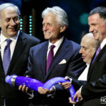 Michael Douglas accepting the Genesis Prize from prime minister of israel in jerusalem