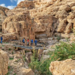 people crossing a bridge in the judea desert, israel